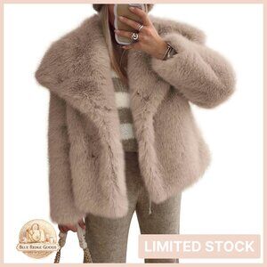 Faux Fur Coat Elegant Chic Oversized Button Lapel Winter Outwear with Pockets